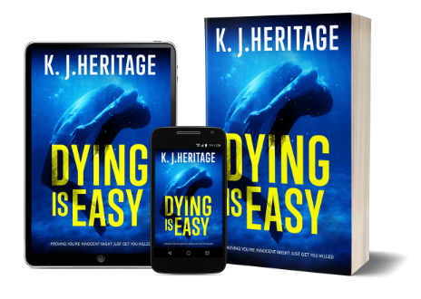 Book cover for Dying Is Easy, a crime thriller and mystery set in the world of stand-up comedy by K.J. Heritage