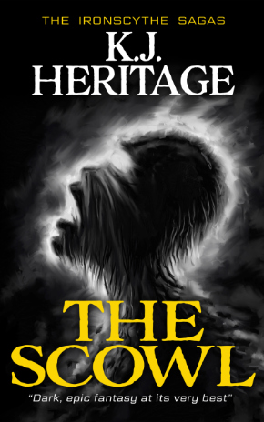 Book cover for The Scowl, a dark epic fantasy novel by K.J. Heritage