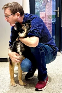 Kev hugging Rescue jack aka 'The Dark Lord'